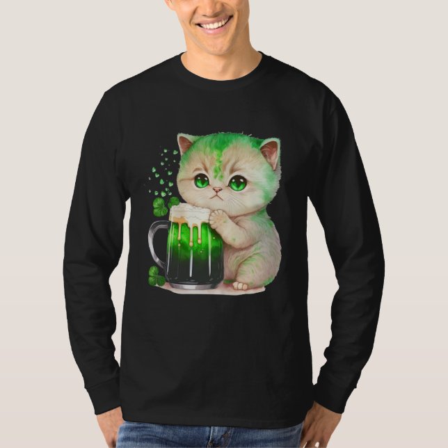 T-shirt Cute Cat Loves Beer St Patrick s Day Cat (Devant)
