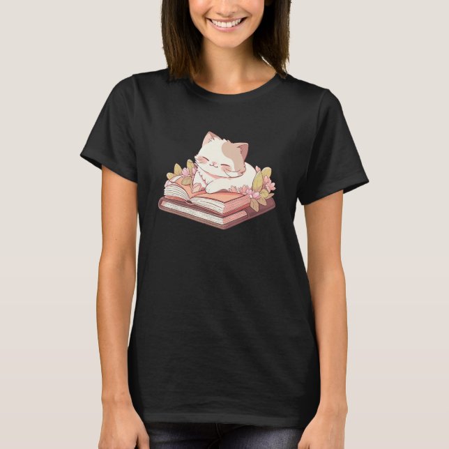 T-shirt Cute Cat Lying On Opened Book With Flower Aestheti (Devant)