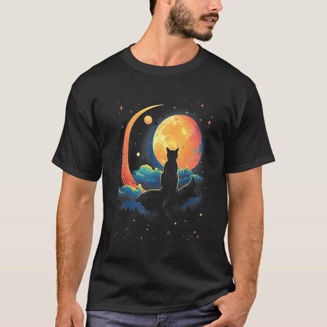 T-shirt Cute Cat Motifs Cat With Moon Night Space Cat (Devant)