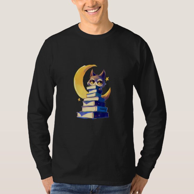 T-shirt Cute Cat On A Stack Of Books In Moonlight (Devant)