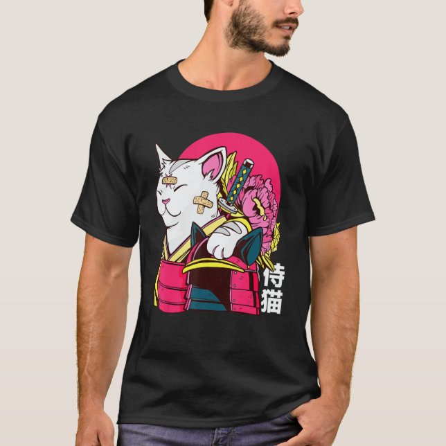 T-shirt Cute Cat Pet Ninja Samurai Japanese Kanji Design (Devant)