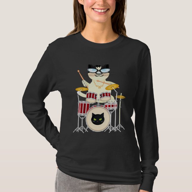 T-shirt Cute Cat Playing Drum Drums & Cats   Drummer (Devant)