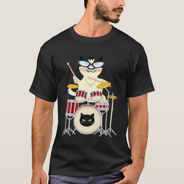 T-shirt Cute Cat Playing Drum Drums & Cats   Drummer (Devant)