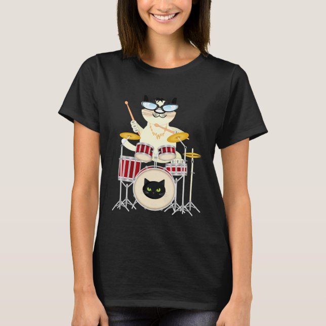 T-shirt Cute Cat Playing Drum Drums & Cats   Drummer (Devant)