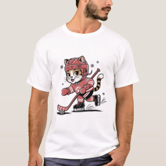 T-shirt Cute Cat Playing Ice Hockey Cartoon Sports Design