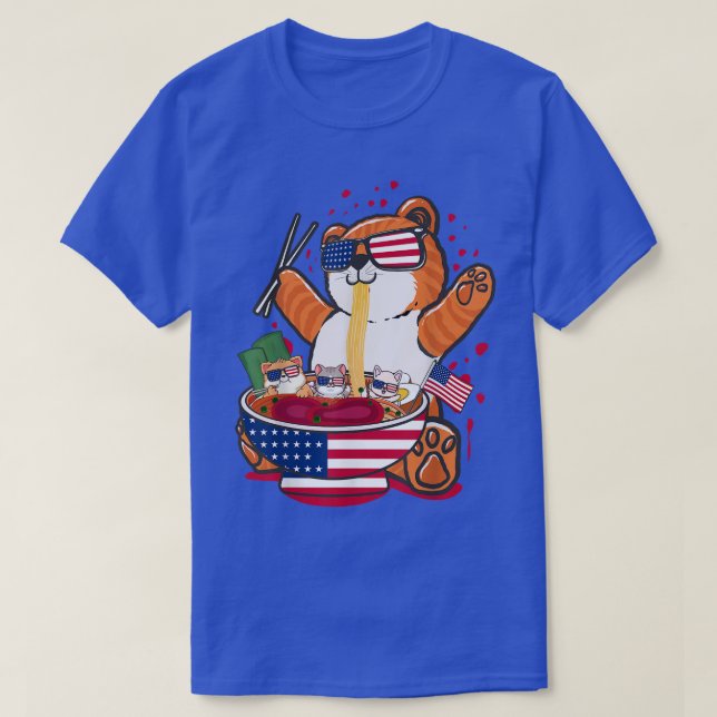 T-shirt Cute Cat Ramen With American USA Flag Pattern  (Design devant)