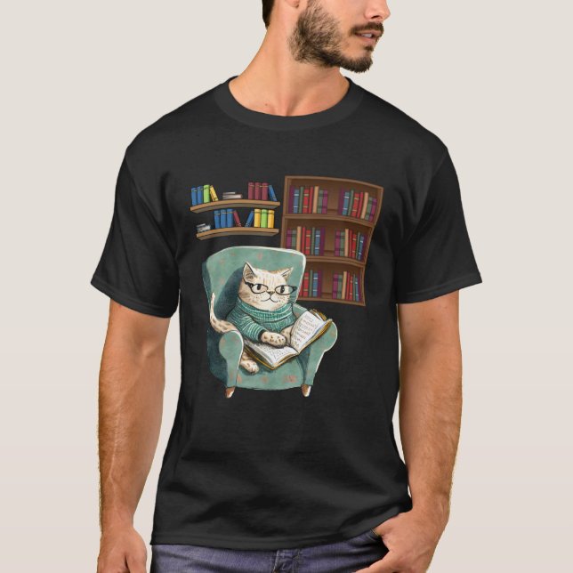 T-shirt Cute Cat Reading Book Bookworms Cat  Reading (Devant)
