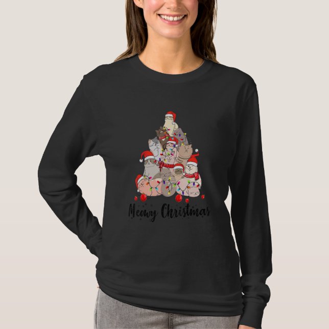 T-shirt Cute Cat Santa Hat Christmas Tree Cat  Meowy Xmas (Devant)