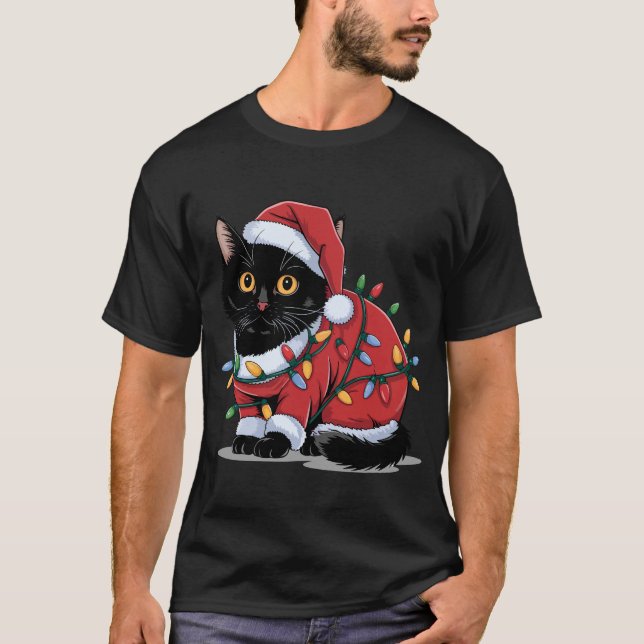 T-shirt Cute Cat Santa Hat Costume Christmas Lights  (Devant)