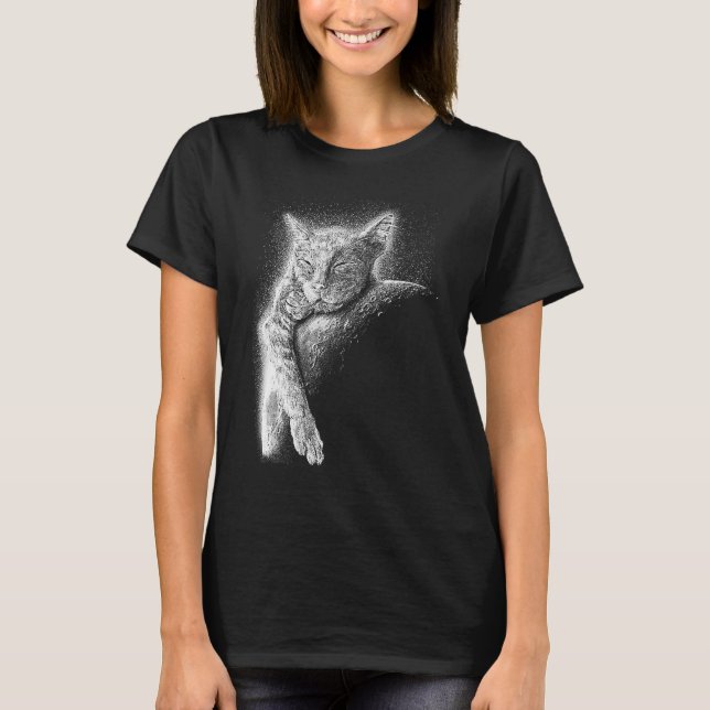 T-shirt Cute Cat Sleeping On The Moon Full Moon Space Kitt (Devant)