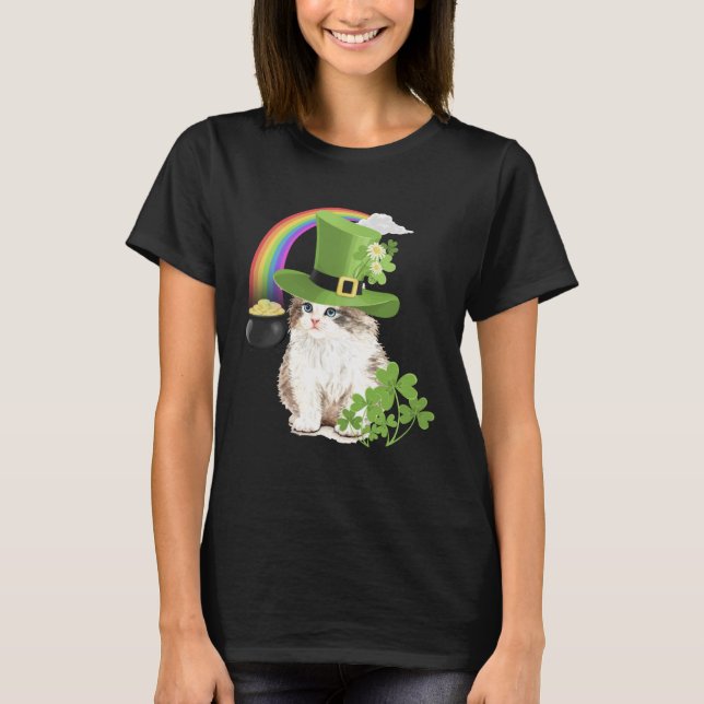 T-shirt Cute Cat  St Patricks Day Shamrock Rainbow Patty K (Devant)