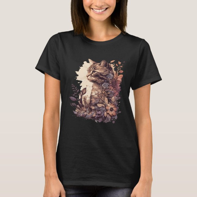 T-shirt Cute Cat Watercolor Botanical Garden Aesthetic Cat (Devant)