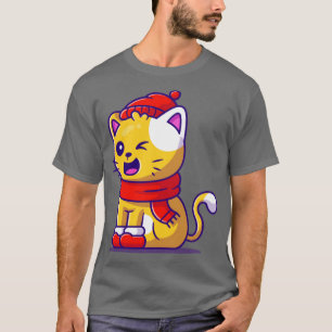 T-shirt Cute Cat Winter Wearing Hat Scarf And Shoes Cartoo