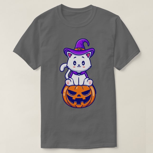 T-shirt Cute Cat Witch Sitting On Pumpkin Cartoon (Design devant)