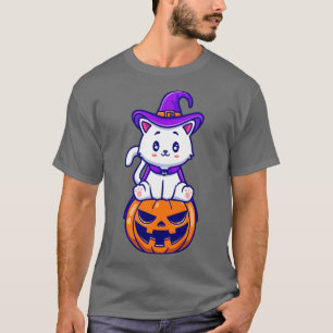 T-shirt Cute Cat Witch Sitting On Pumpkin Cartoon