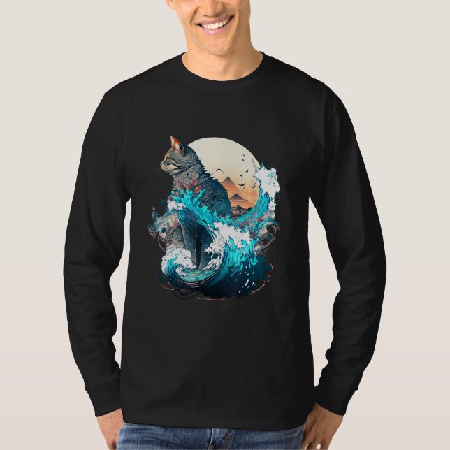 T-shirt Cute Cat with a ocaen wave Illustration 1 (Devant)