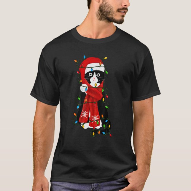 T-shirt Cute Cat with Santa Hat Lights Funny Christmas Tee (Devant)
