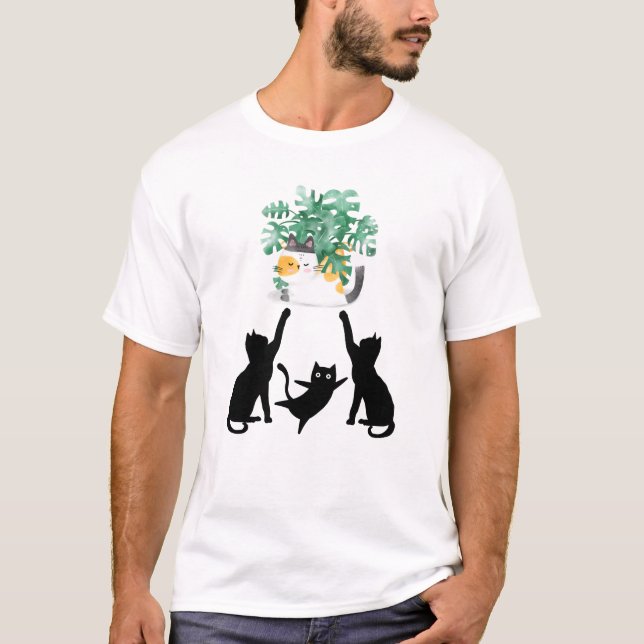T-shirt Cute Cats Playing with Plants | Silhouette Design (Devant)