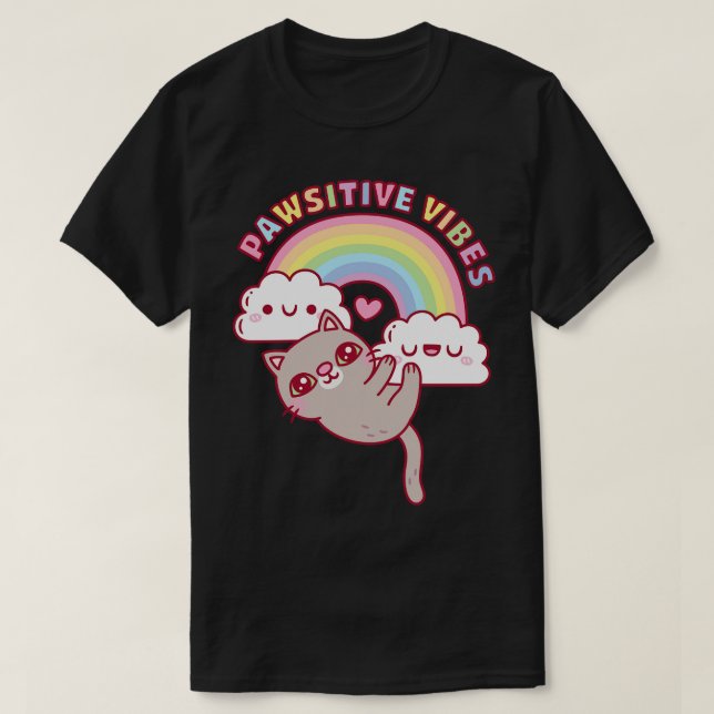 T-shirt Cute Chat Arc-En-Ciel Et Nuages Vibes Pawsitives (Design devant)