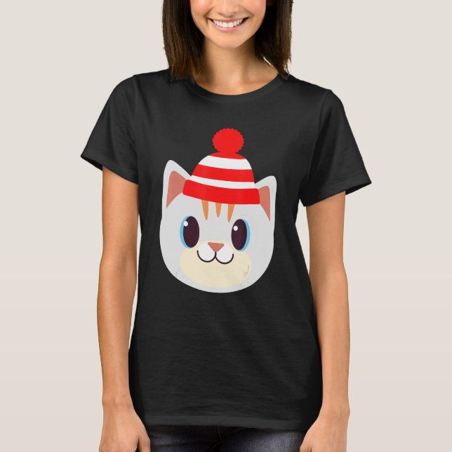 T-shirt Cute Chat Avec Beanie Beany Casquette Laine Chaude (Devant)