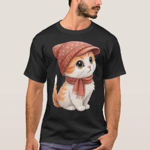 T-shirt Cute Chat Avec Casquette, Écharpe, Couleur Pastel