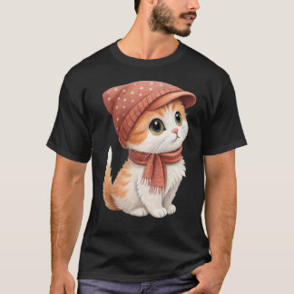 T-shirt Cute Chat Avec Casquette, Écharpe, Couleur Pastel