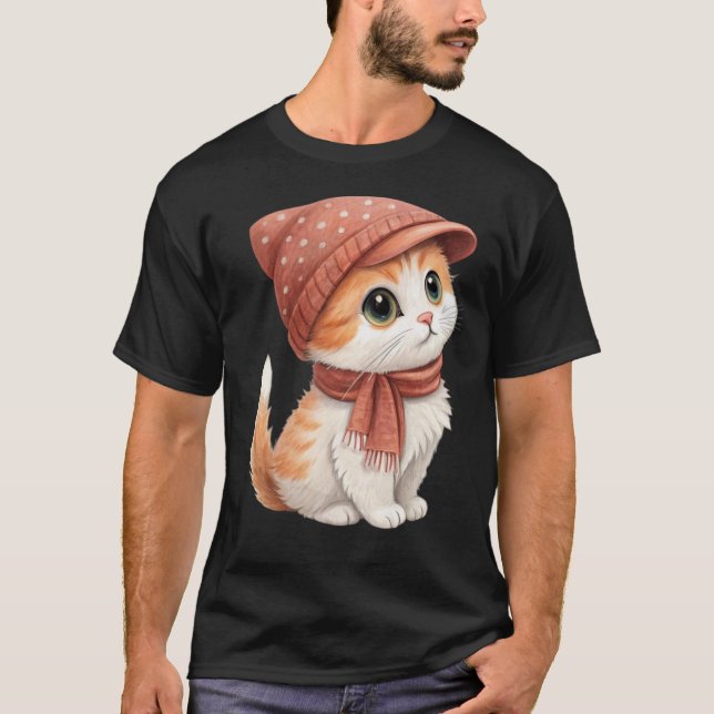 T-shirt Cute Chat Avec Casquette, Écharpe, Couleur Pastel (Devant)