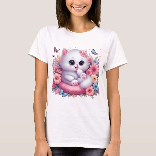 T-shirt Cute Chat, Belle fleur (Devant)