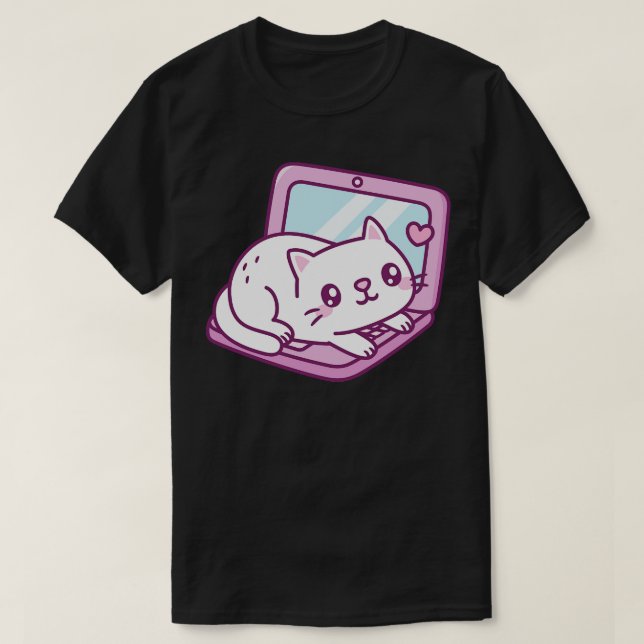 T-shirt Cute Chat Blanc Reposant Sur Ordinateur Portable (Design devant)