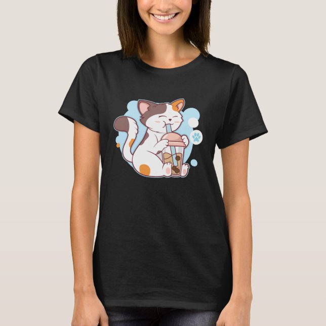 T-shirt Cute Chat Boire Bubble Tea Costume (Devant)