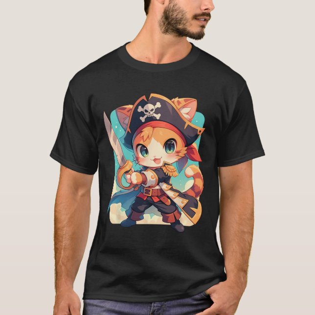 T-shirt Cute Chat Comme Pirate Kawaii Anime (Devant)