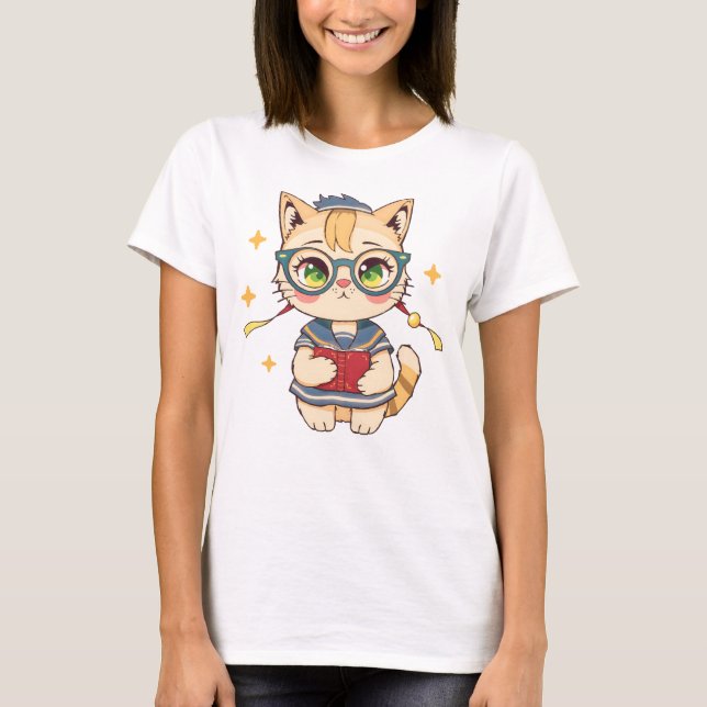 T-shirt Cute chat en lunettes et Uniforme Art de l'école (Devant)
