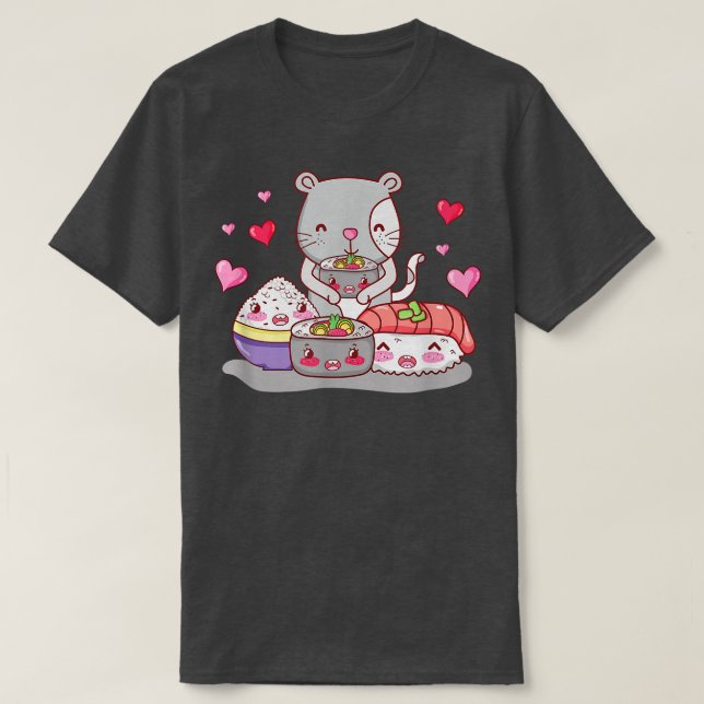 T-shirt Cute Chat et Japon Nourriture Kawaii, Kitty Sushi  (Design devant)
