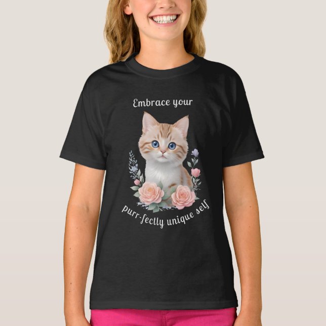 T-shirt Cute Chat Floral Design Motivation (Devant)
