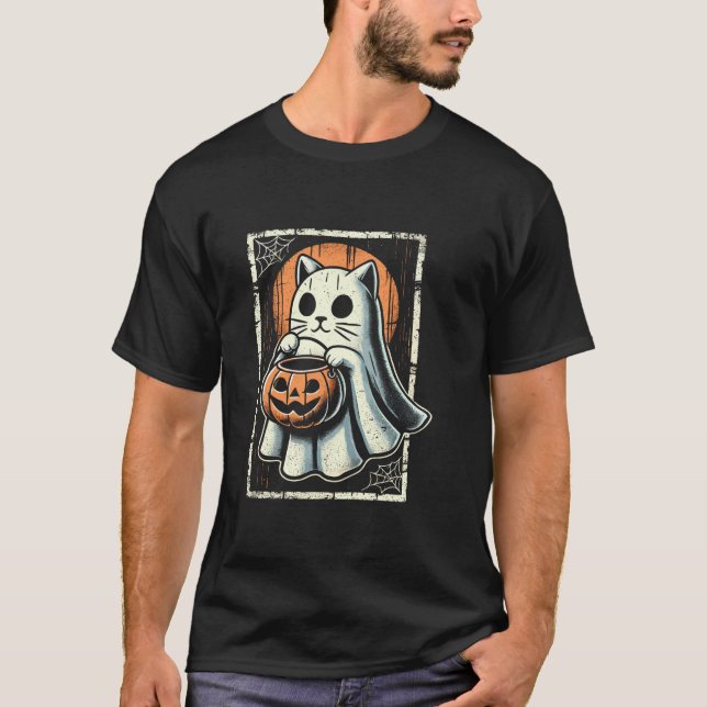 T-shirt Cute chat Ghost Trick ou traiter Halloween Funny B (Devant)