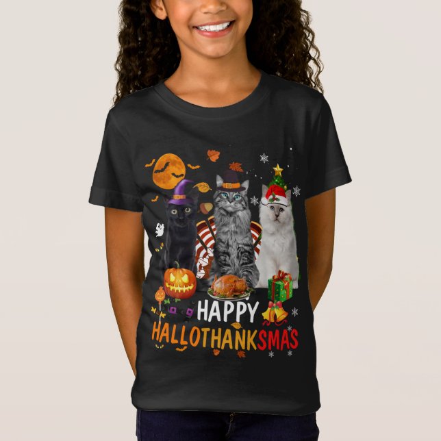 T-Shirt Cute Chat Halloween Joyeux Noël Joyeux Hallothan (Devant)