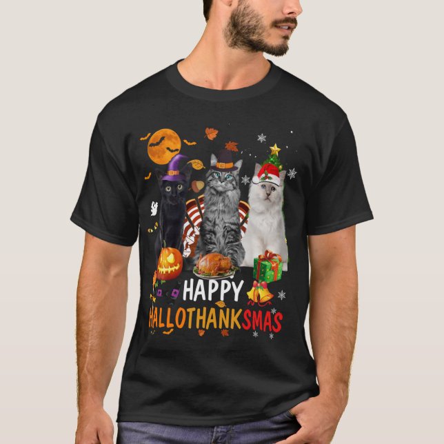 T-shirt Cute Chat Halloween Joyeux Noël Joyeux Hallothan (Devant)