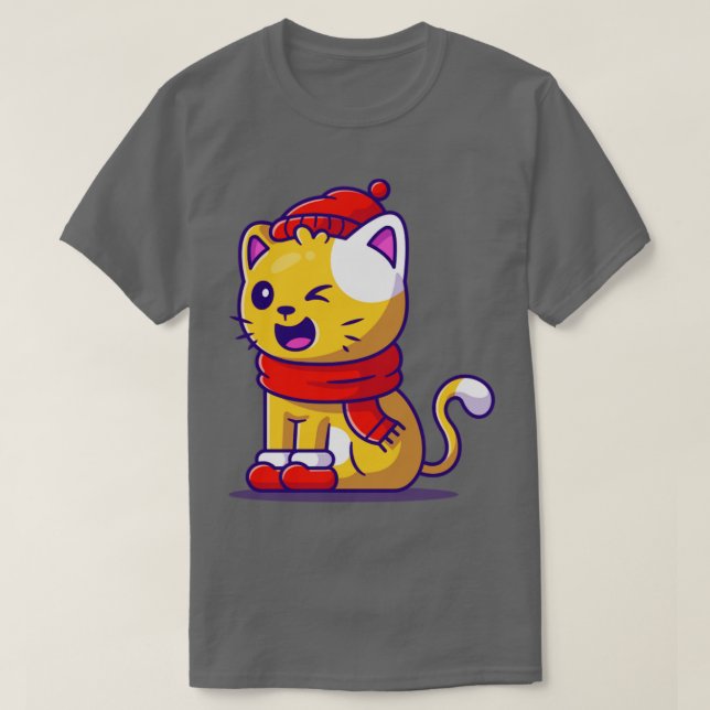 T-shirt Cute Chat Hiver Portant Écharpe Casquette Et Chaus (Design devant)