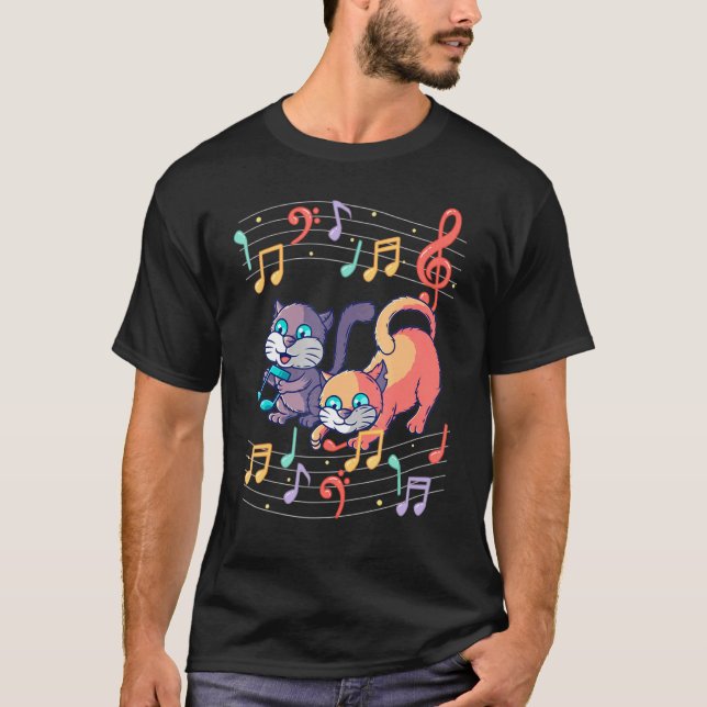 T-shirt Cute Chat Jouer Musique Note Clef Musicien Art Pia (Devant)