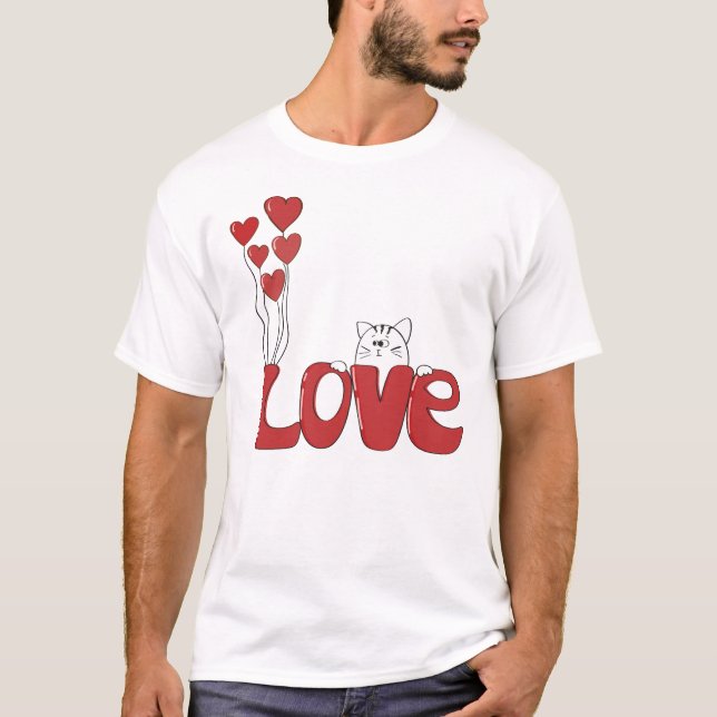 T-shirt Cute Chat Love Typographie Coeurs rouges | Valenti (Devant)