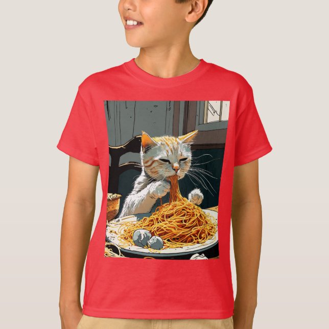 T-SHIRT CUTE CHAT MANGER SPAGHETTI (Devant)