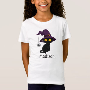 T-Shirt Cute chat noir et jaune avec sorcière Casquette en