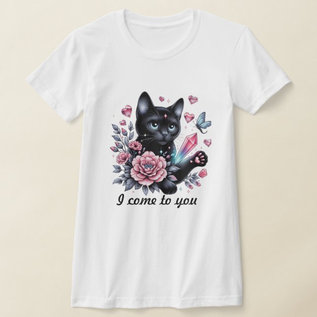 T-Shirt Cute chat noir portant des fleurs (Poser)