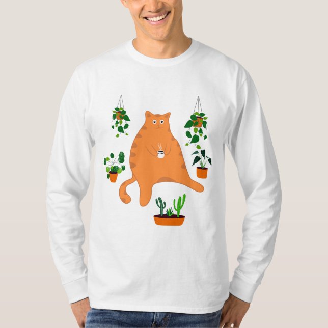 T-shirt Cute Chat Orange Avec Plante, Mignonne Cadeau Chat (Devant)