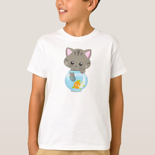 T-shirt Cute Chat, Petit Chat, Kitty, Kitten, Poisson Bowl (Devant)