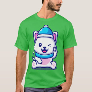 T-shirt Cute Chat Portant Casquette Et Écharpe Avec Voitur