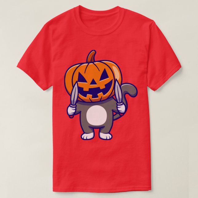 T-shirt Cute Chat portant Citrouille Halloween avec Panier (Design devant)