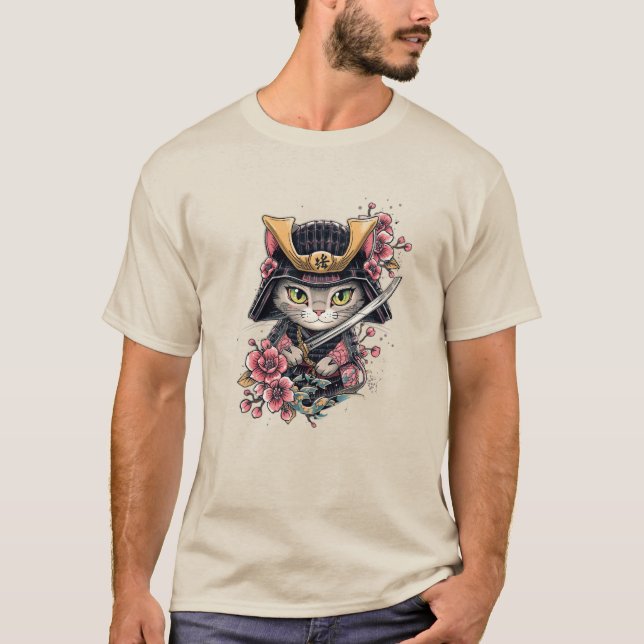 T-shirt Cute Chat Samurai Cherry Blossom Art (Devant)