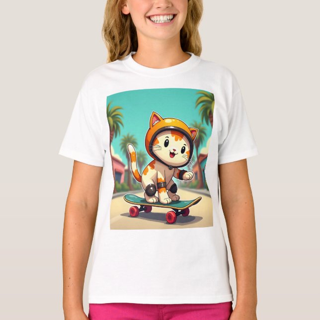 T-shirt Cute chat sur un skateboard (Devant)