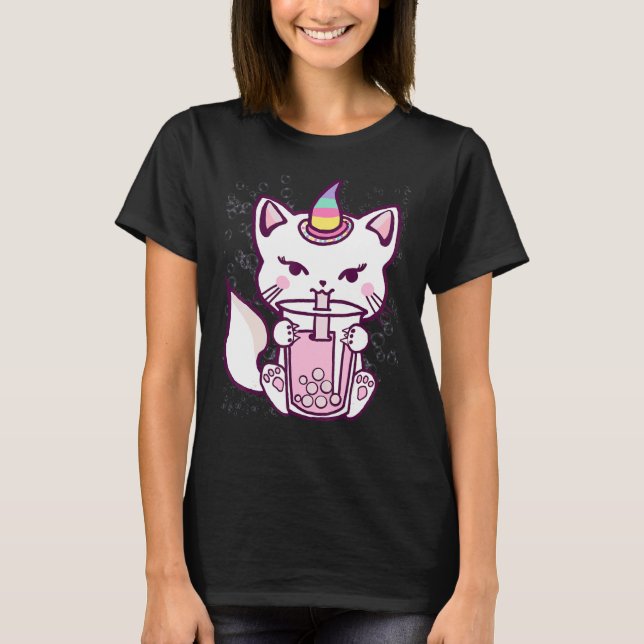 T-shirt Cute Chat Unicorn Boire Bubble Tea Design (Devant)